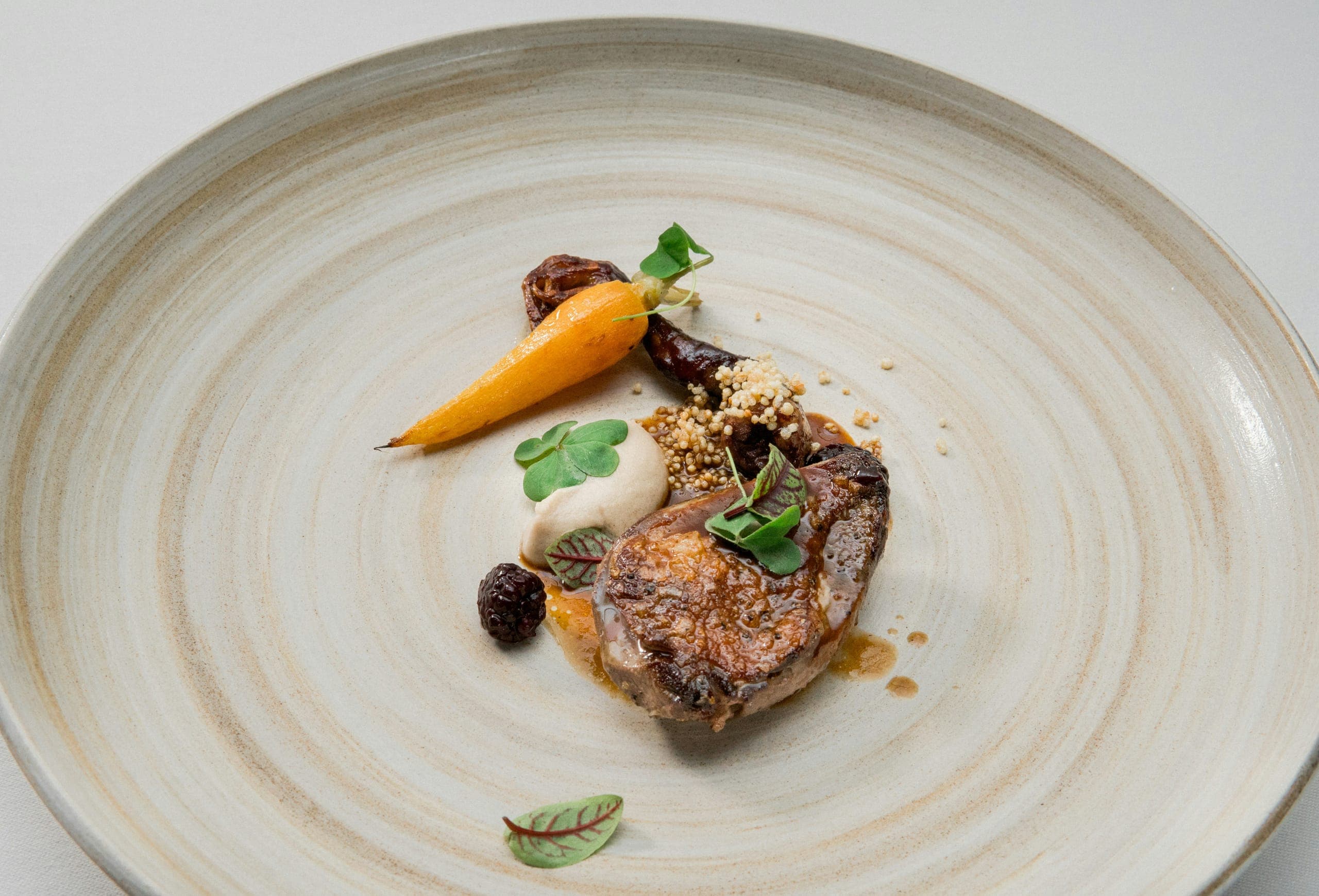 Plated fine-dining course with microgreens